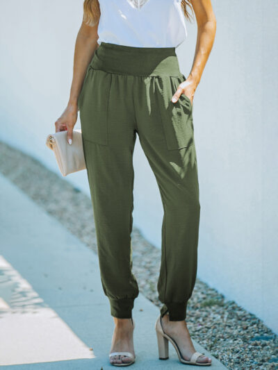 Solid Color High-Waist Ribbed Crop Pocket Lounge Pants - Image 2