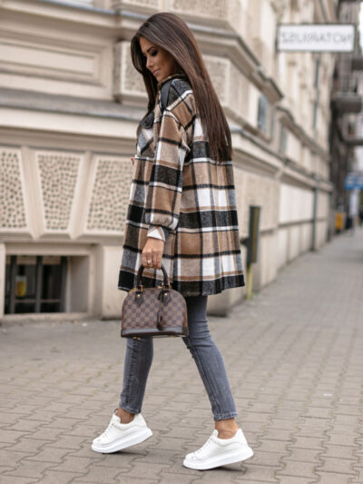 Ladies Long Sleeve Lapel Loose Fit Plaid Wool Coat - Image 2