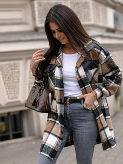 Ladies Long Sleeve Lapel Loose Fit Plaid Wool Coat - Image 3