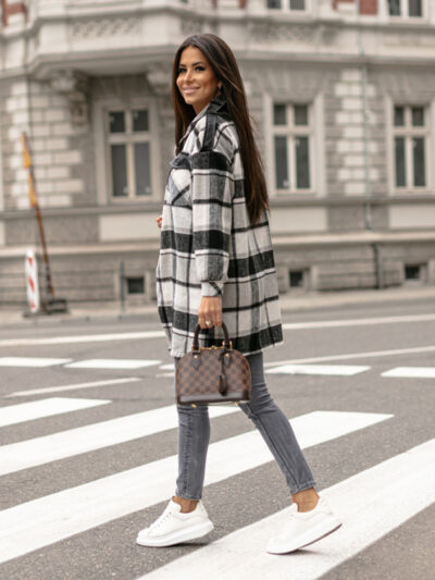 Ladies Long Sleeve Lapel Loose Fit Plaid Wool Coat - Image 8