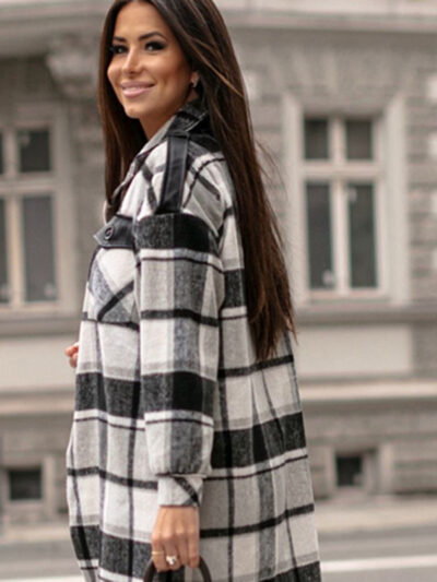 Ladies Long Sleeve Lapel Loose Fit Plaid Wool Coat - Image 6