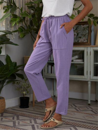 Women's Pocket Elastic Waist Cotton Linen Lounge Pants - Image 6