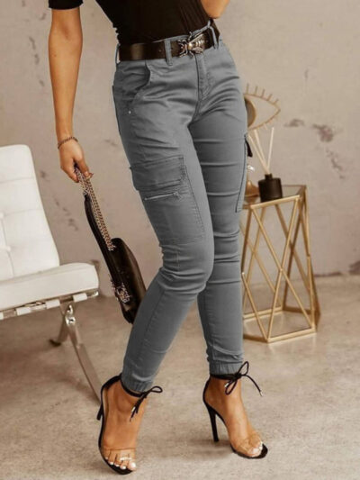 Women's trousers Low waist button solid color pocket bound overalls - Image 2