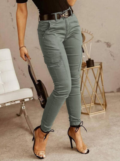 Women's trousers Low waist button solid color pocket bound overalls - Image 3