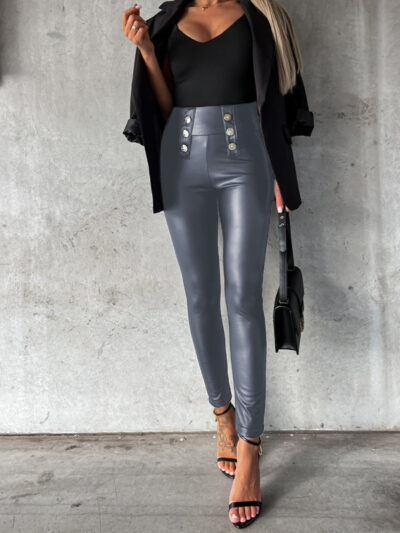 Women's solid color button-down skinny casual leather pants - Image 2