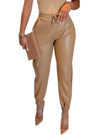 Women's Solid Color Drawstring Pocket Leggings Leather Pants - Image 8