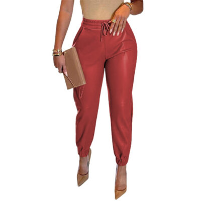 Women's Solid Color Drawstring Pocket Leggings Leather Pants - Image 9