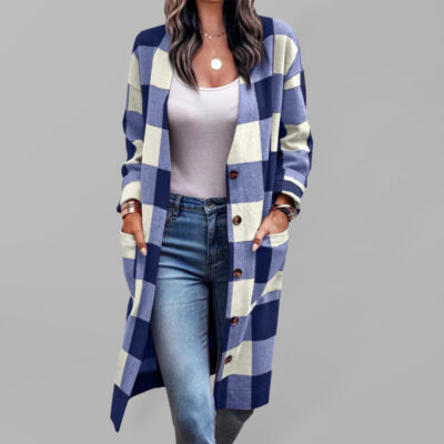 Women's Casual Check Print Pocket Jacket - Image 5