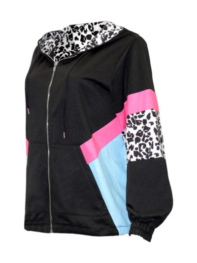 Women's Casual Colorblock Stitching Leopard Print Hooded Jacket - Image 4