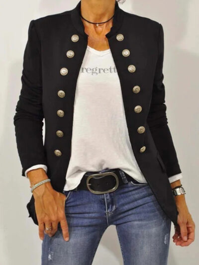 Women's Solid Color Stand Collar Button Up Casual Jacket - Image 2