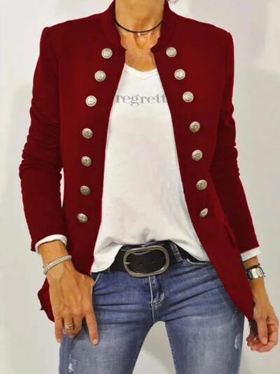 Women's Solid Color Stand Collar Button Up Casual Jacket - Image 3