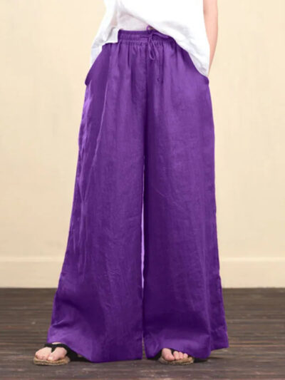 Women's solid color  linen loose wide-leg pants - Image 3