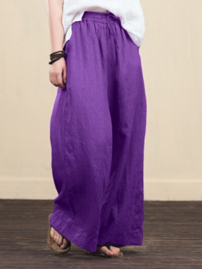 Women's solid color  linen loose wide-leg pants - Image 14