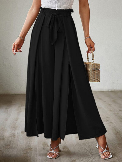 Bow loose high waist pleated wide leg pants with belt pants - Image 2