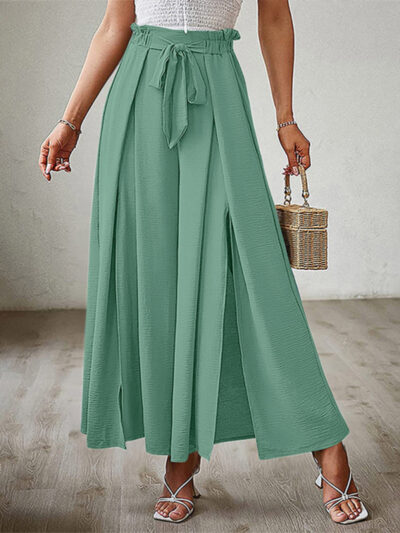 Bow loose high waist pleated wide leg pants with belt pants - Image 9