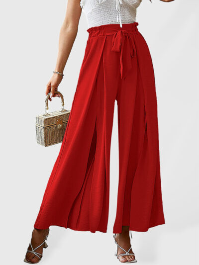 Bow loose high waist pleated wide leg pants with belt pants