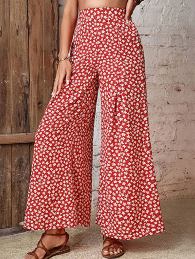 Women's High Waist Floral Print Flared Wide Leg Pants