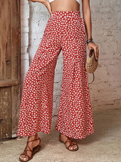 Women's High Waist Floral Print Flared Wide Leg Pants - Image 3