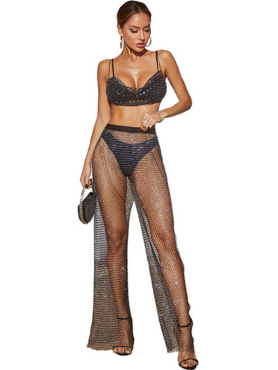 Fishnet Hollow Flashing Diamond Wide-Leg Pants Waist Slim Casual Straight-leg Trousers - Image 2