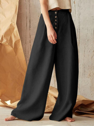 Women's Solid Color Single-breasted Button Casual High Waist Wide Leg Pants - Image 4