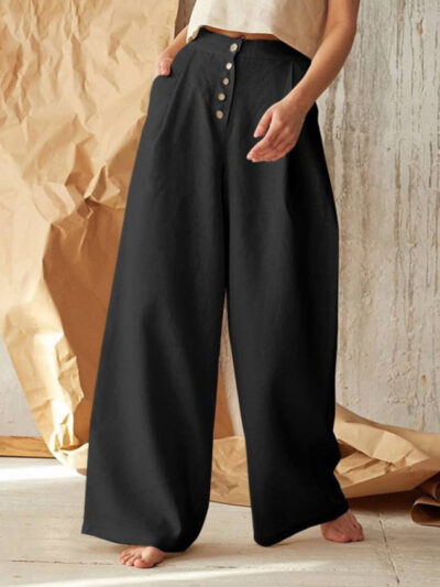 Women's Solid Color Single-breasted Button Casual High Waist Wide Leg Pants - Image 6