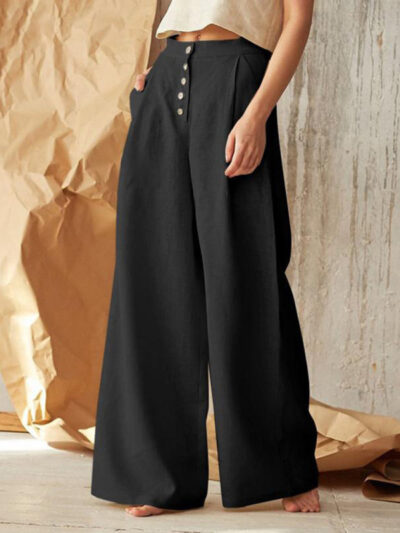 Women's Solid Color Single-breasted Button Casual High Waist Wide Leg Pants - Image 5