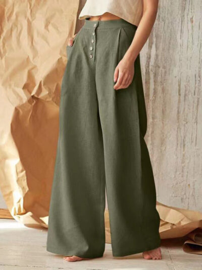 Women's Solid Color Single-breasted Button Casual High Waist Wide Leg Pants - Image 3