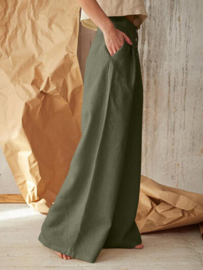 Women's Solid Color Single-breasted Button Casual High Waist Wide Leg Pants - Image 2