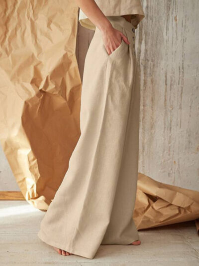 Women's Solid Color Single-breasted Button Casual High Waist Wide Leg Pants - Image 9