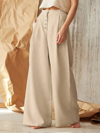 Women's Solid Color Single-breasted Button Casual High Waist Wide Leg Pants - Image 8