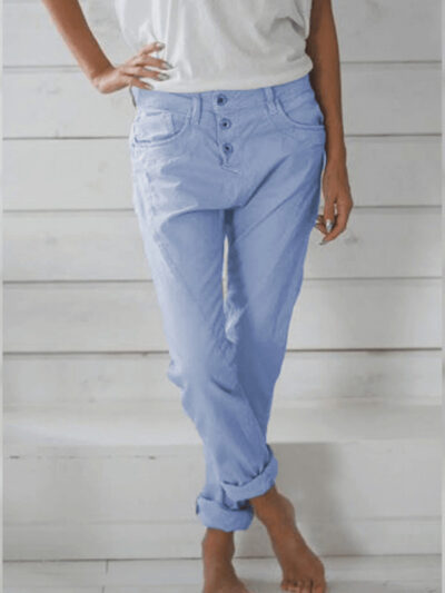 Style solid color cotton and linen fashion loose high waist casual trousers