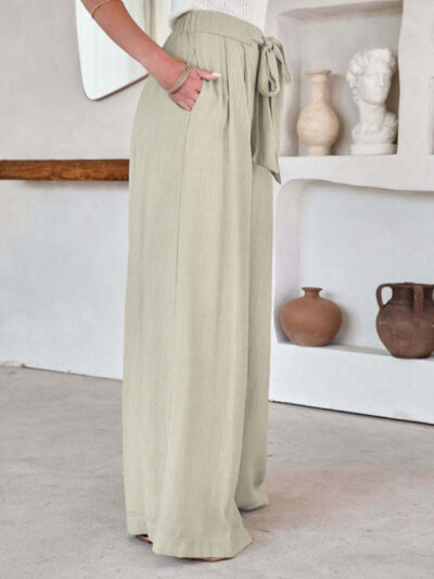 Women's Solid Color Drawstring Knot Wide Leg Trousers - Image 7