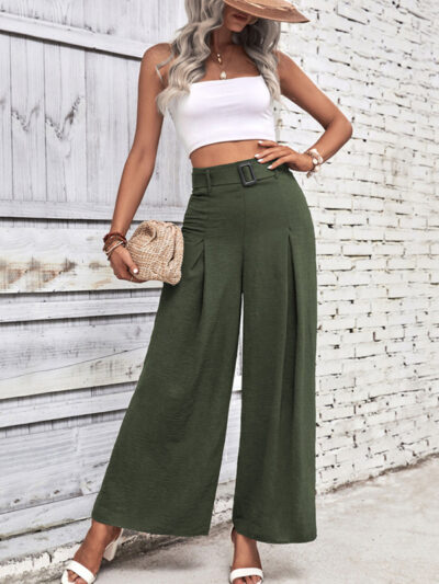 women's summer high waist wide leg casual pants with belt - Image 2