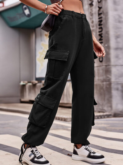 Loose Drawstring Pocket Athletic Denim Cargo Pants - Image 3