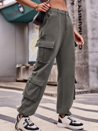 Loose Drawstring Pocket Athletic Denim Cargo Pants - Image 13