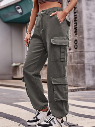 Loose Drawstring Pocket Athletic Denim Cargo Pants - Image 4