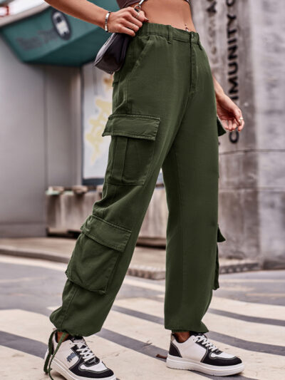 Loose Drawstring Pocket Athletic Denim Cargo Pants - Image 14