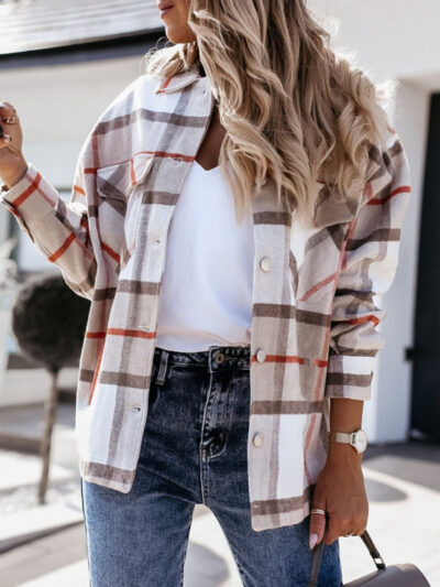 Women's autumn and winter long-sleeved loose wool plaid shirt coat - Image 8