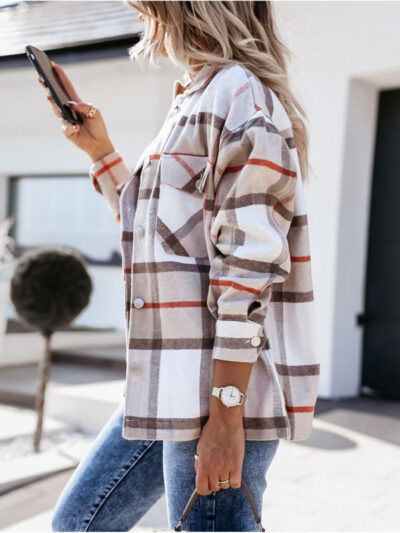 Women's autumn and winter long-sleeved loose wool plaid shirt coat - Image 5