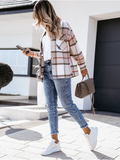 Women's autumn and winter long-sleeved loose wool plaid shirt coat - Image 6