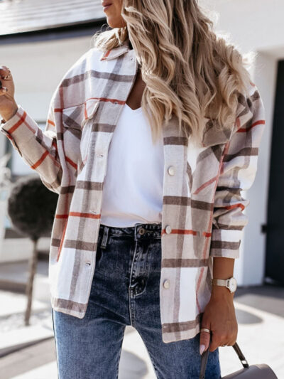 Women's autumn and winter long-sleeved loose wool plaid shirt coat - Image 7