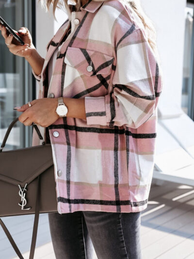 Women's autumn and winter long-sleeved loose wool plaid shirt coat - Image 3