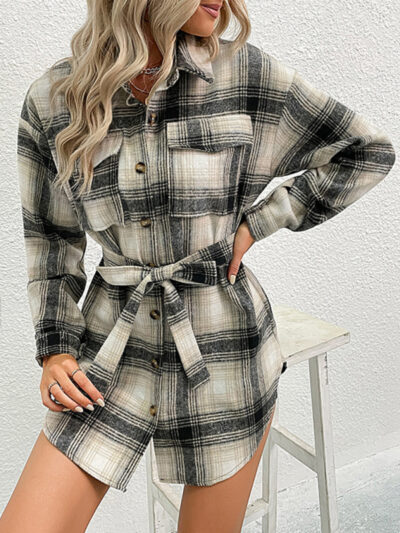 Ladies Casual Long Plaid Shirt Jacket - Image 2