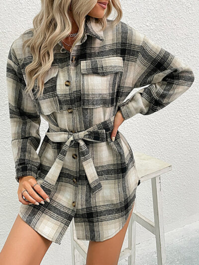 Ladies Casual Long Plaid Shirt Jacket - Image 4