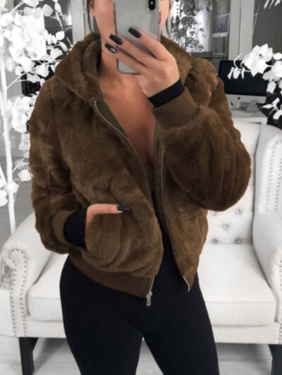 Autumn and winter furry long-sleeved hooded plush top long coat - Image 9