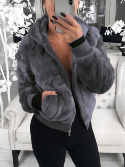 Autumn and winter furry long-sleeved hooded plush top long coat - Image 7