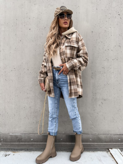 Women's Coat Fashion Hooded Wool Plaid Shirt Coat - Image 2