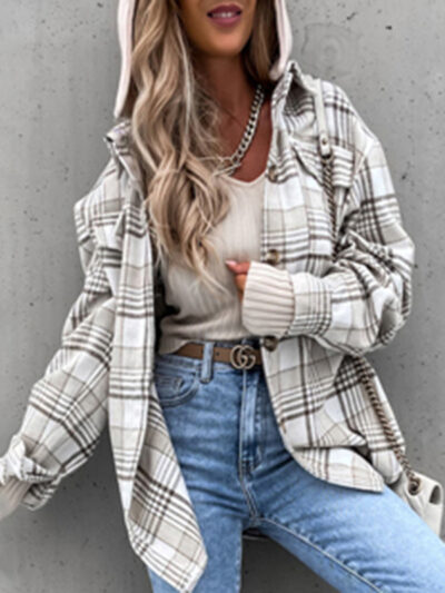 Women's Coat Fashion Hooded Wool Plaid Shirt Coat - Image 8