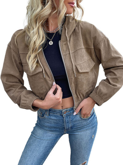 Fashion women's solid color hooded corduroy jacket - Image 2