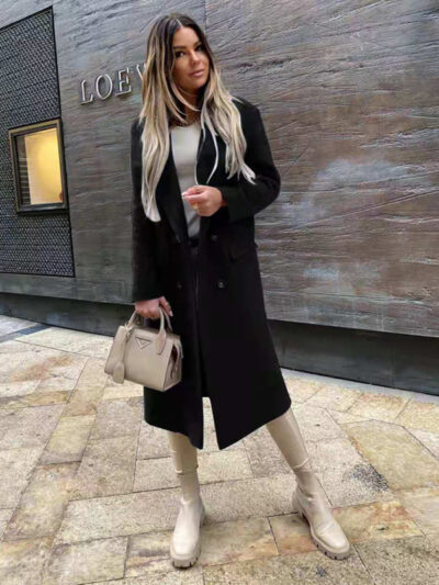 women's long sleeve suit collar double breasted woolen coat coat - Image 8